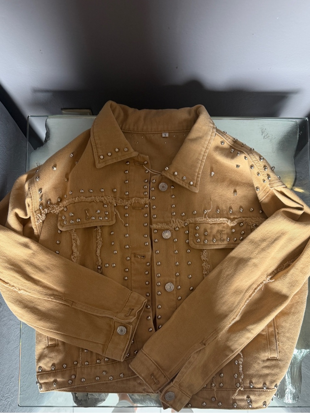 NWT - Studded Tan Denim Jacket with Rhinestone Detailing